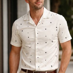 Club Monaco Cream Short-Sleeve Button-Down with Black Club Print